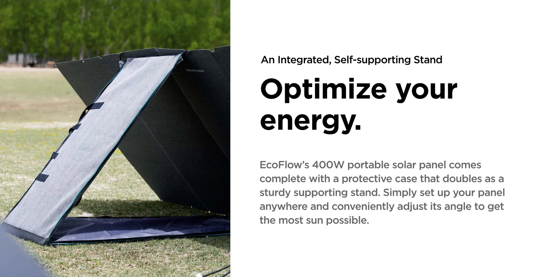 EcoFlow 400W 48V Monocrystalline Portable Solar Panel The Ecoflow 400W 48V Monocrystalline Portable Solar Panel, with its adjustable, self-supporting stand and foldable design, is set up on the grass near trees—ideal for off-grid living.