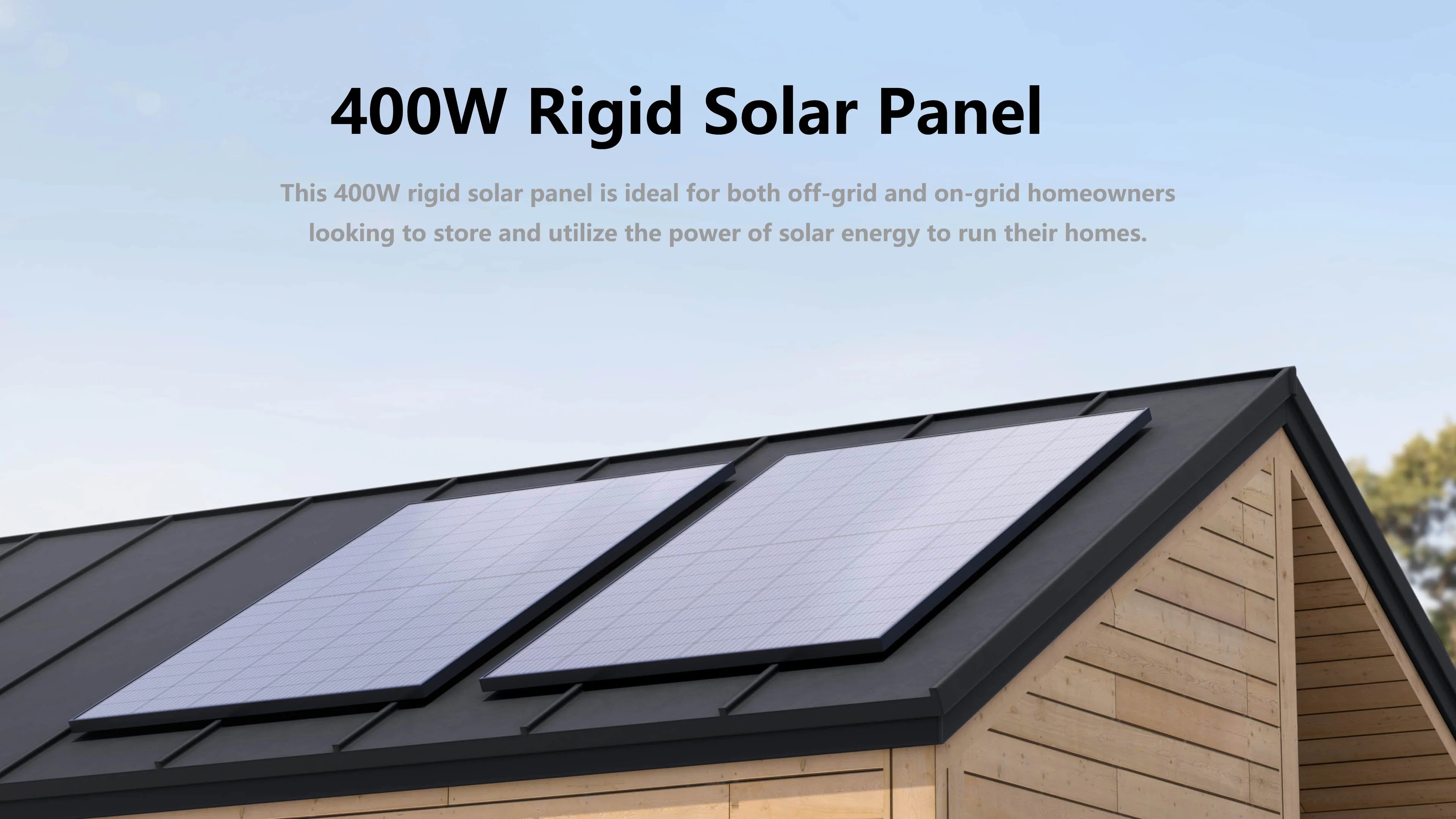 EcoFlow 400W 24V Monocrystalline Rigid Solar Panel Two EcoFlow 400W 24V Monocrystalline Rigid Solar Panels are mounted on a modern wooden home’s slanted roof, highlighting EcoFlow’s solar solution for homeowners. A clear blue sky forms the backdrop.
