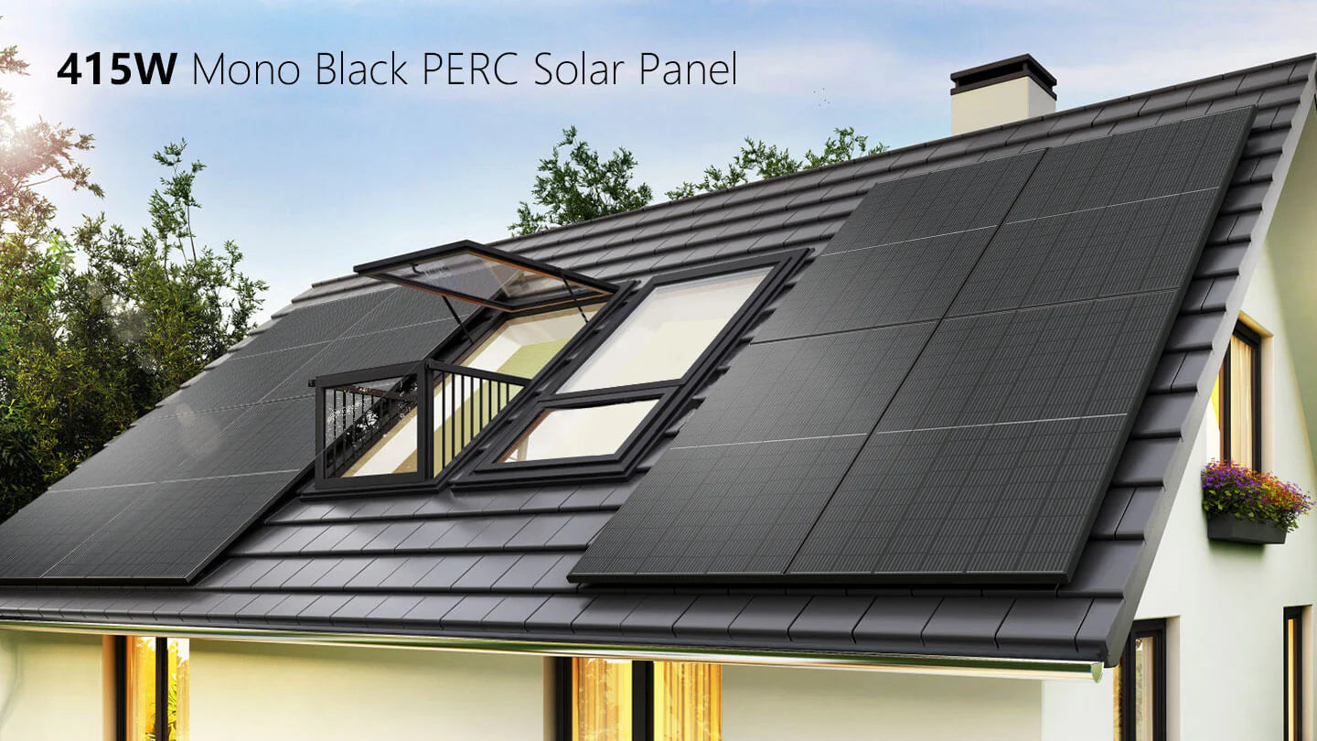 Sungold Power 415W 48V Mono Black PERC Solar Panels Kit A modern house with a gray tiled roof featuring large black solar panels and an open window. Text on the image reads 415W Mono Black PERC Solar Panel. Trees and a flower box are visible in the background.