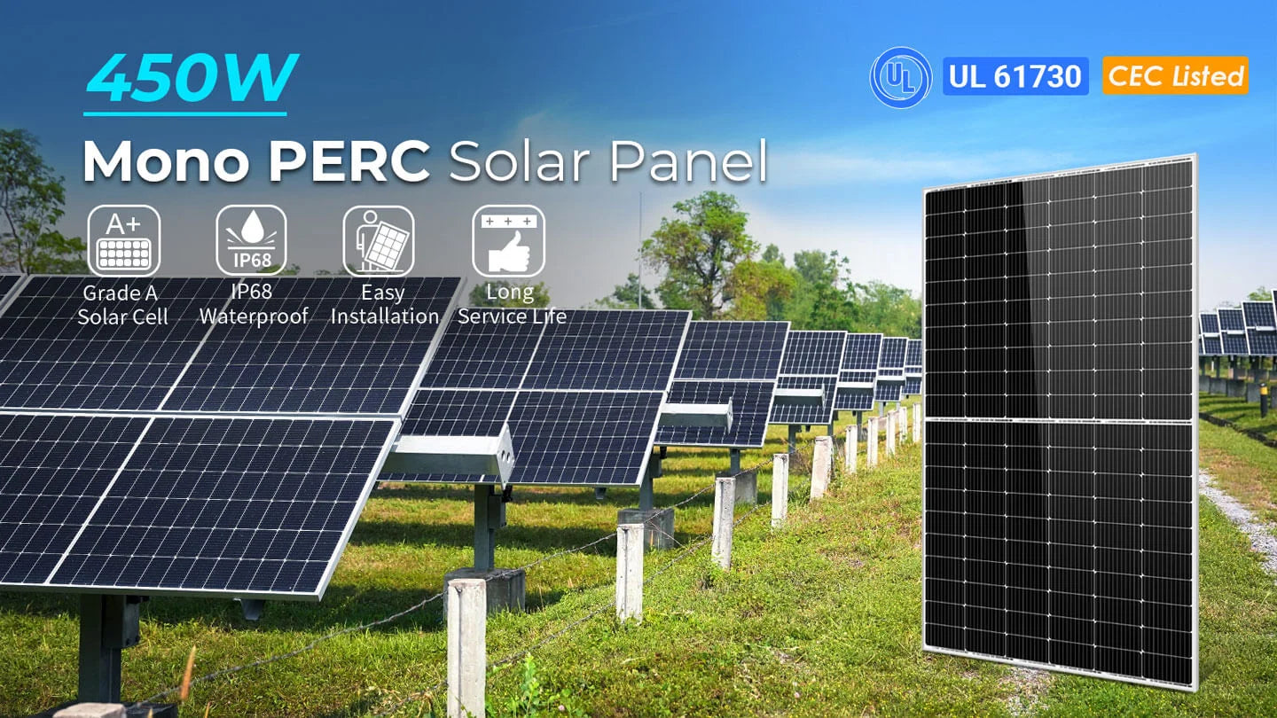 Sungold Power 450W 48V Monocrystalline PERC Solar Panels Kit Rows of Sungold Power 450W 48V Monocrystalline PERC Solar Panels Kit, by Sungold Power, are arranged in a grassy field beneath a blue sky. Modern icons with sleek font and subtle box shadows emphasize features such as A+ grade solar cells, IP68 waterproof rating, hassle-free installation, and long service life. Certifications for the panels appear in the top right corner, styled with clean border-radius details for a refined appearance.