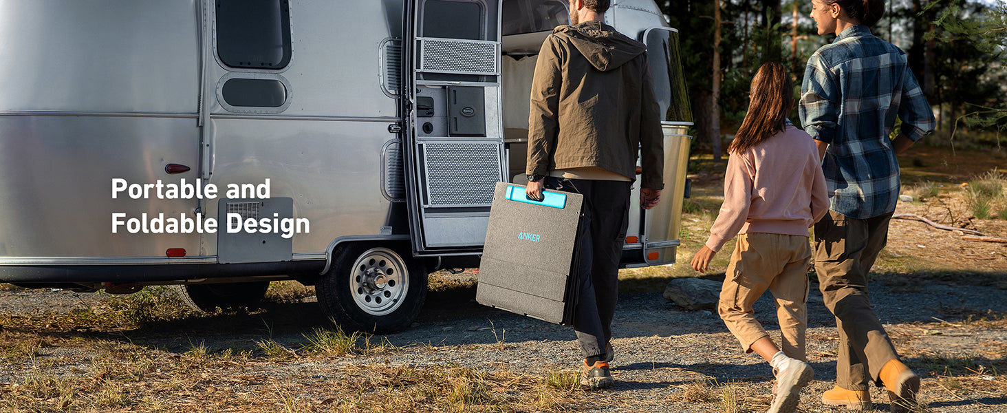 Anker SOLIX F1500 Solar Generator - 1536Wh Battery Storage | 1800W Power Output | 200W Solar Panel Three people approach a silver Airstream trailer in nature; one carries the Anker SOLIX F1500 Solar Generator, a foldable, portable device with 1536Wh battery storage and 1800W output. Text reads: “Portable and Foldable Design.”.