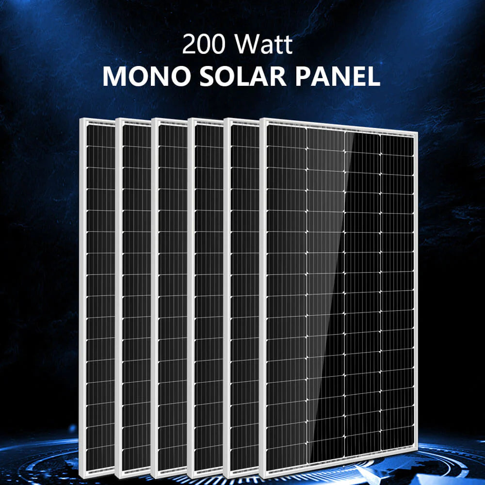 Five Sungold Power 4,000W Off‑Grid Solar Kit solar panels stand upright with silver frames on a dark blue background, highlighting their role in an off-grid system. The text “Sungold Power SGK‑PR4S 1,200W Solar Backup” appears above them.