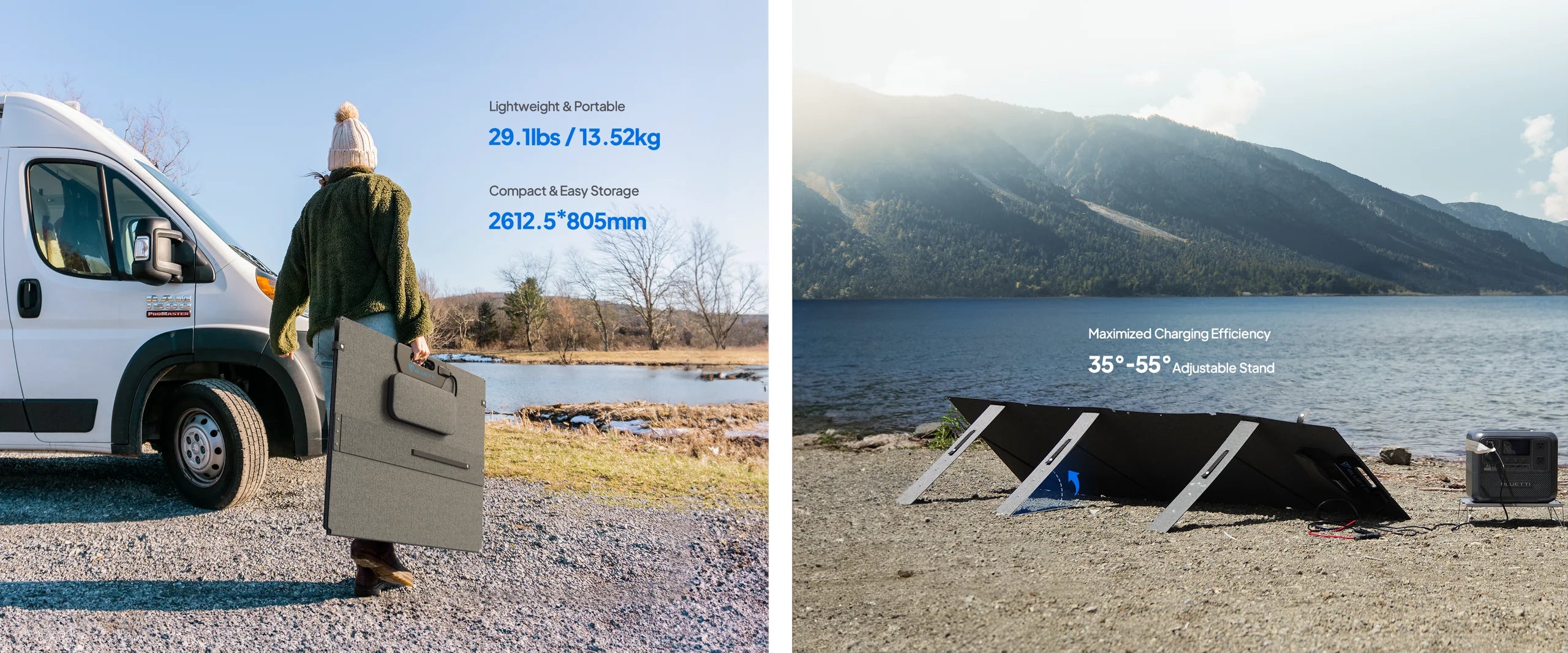 BLUETTI 350W 48V Monocrystalline Portable Solar Panel A person carries a Bluetti 350W 48V Monocrystalline Portable Solar Panel toward a van by a lake; later, the lightweight, portable panel with adjustable stand is set up on the shore near a generator, angled toward the sun.