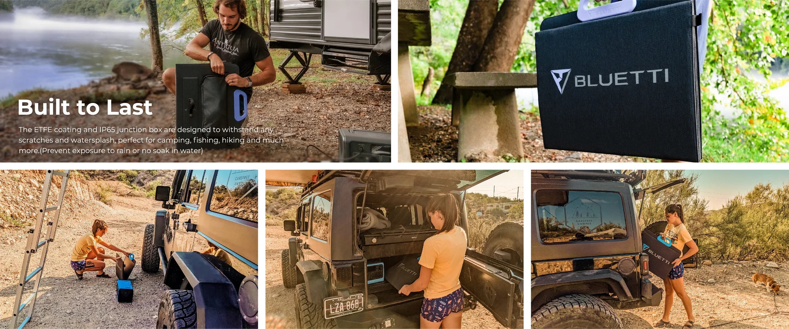 BLUETTI 120W 24V Monocrystalline Portable Solar Panel A man and woman use the Bluetti 120W 24V Monocrystalline Portable Solar Panel while camping by a lake near their vehicle, highlighting Bluetti’s durability and reliability for outdoor adventures like camping, hiking, or off-roading.
