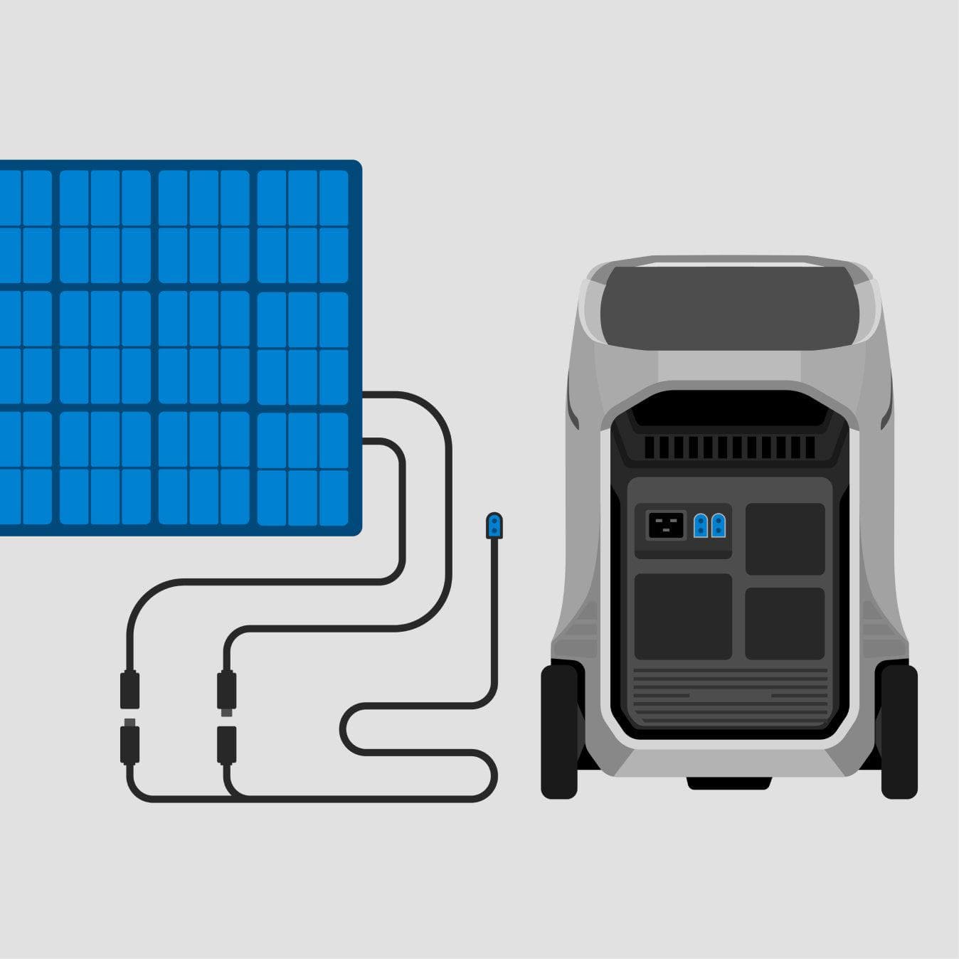 EcoFlow Delta Pro 3 Portable Solar Power Station 4,000W 4,096Wh Illustration of an Ecoflow Delta Pro 3 Portable Solar Power Station 4,000W 4,096Wh connected to a solar panel with cables on a light gray background. The unit has control panels, wheels, and expandable capacity for flexible energy storage.