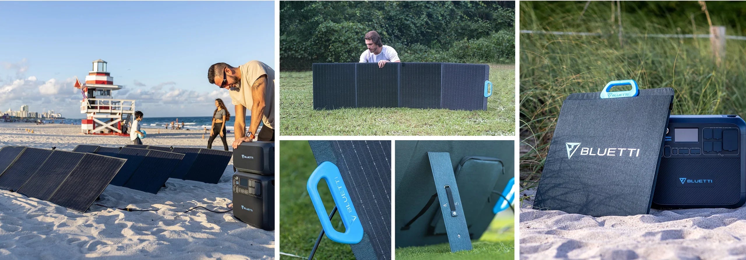 A collage displays people setting up the Bluetti 120W 24V Monocrystalline Portable Solar Panel outdoors on a beach and grassy area, with close-ups of its blue handles, textured surface, and a Bluetti power station next to the panels.
