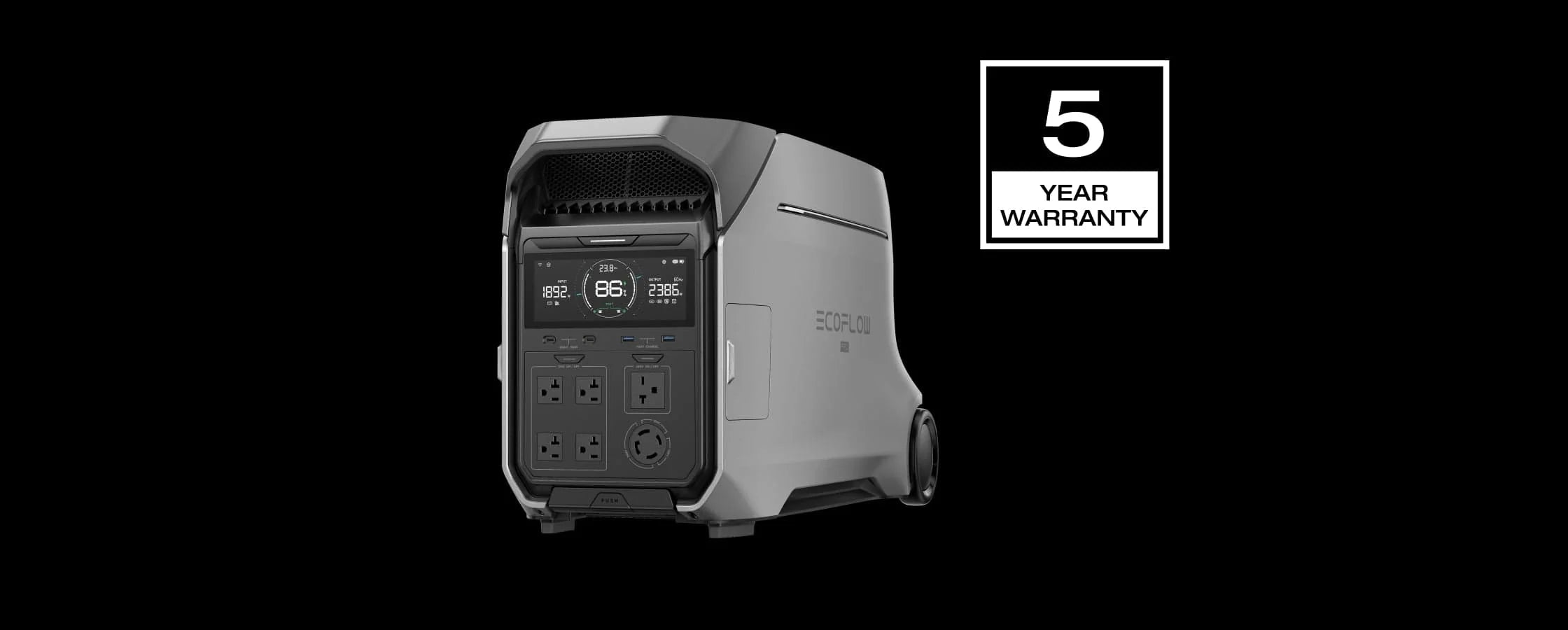 EcoFlow DELTA Pro 3 Portable Power Station 4,000W 4,096Wh + 12V Rigid Solar Panels | Complete Solar Power Kit A gray EcoFlow DELTA Pro 3 Portable Power Station 4,000W 4,096Wh + 12V Portable Solar Panels by Ecoflow is shown on a black background with multiple outlets, a digital display, and a 5 Year Warranty label in a white box to the right.