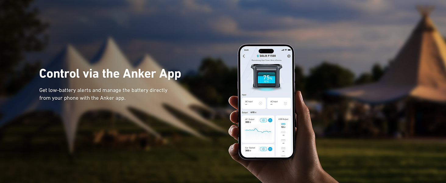 Anker SOLIX F1500 Solar Generator - 1536Wh Battery Storage | 1800W Power Output | 200W Solar Panel A hand holds a smartphone showing the Anker app with battery details for the Anker SOLIX F1500 Solar Generator (1536Wh, 1800W, 200W solar panel). A white tent and trees are visible. Text reads: “Control via the Anker App” with a brief app description.