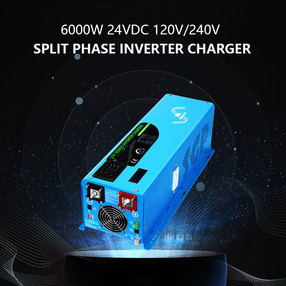 Sungold Power Off‑Grid 6,000W Solar Kit 24VDC 120V/240V Inverter/Charger | LiFePO4 10.24 kWh Battery & 6×370W Solar Panels (SGK‑PRO62) A Sungold Power Off-Grid 6,000W Solar Kit (SGK‑PRO62) with LiFePO4 10.24 kWh battery and 6×370W panels is shown on a glowing digital base, details above, set against a sleek, dark background—ideal for off-grid solar systems.