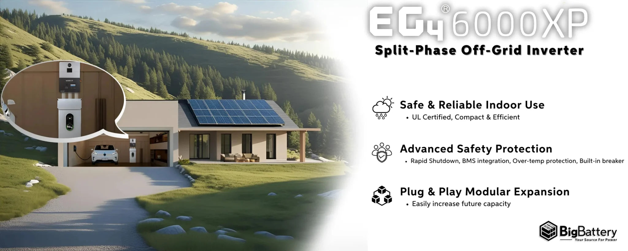 EG4 6,000W 120VAC/240VAC Off-Grid Hybrid Solar Inverter Modern home with rooftop solar panels and an electric vehicle, powered by the EG4 6000XP off-grid hybrid solar inverter