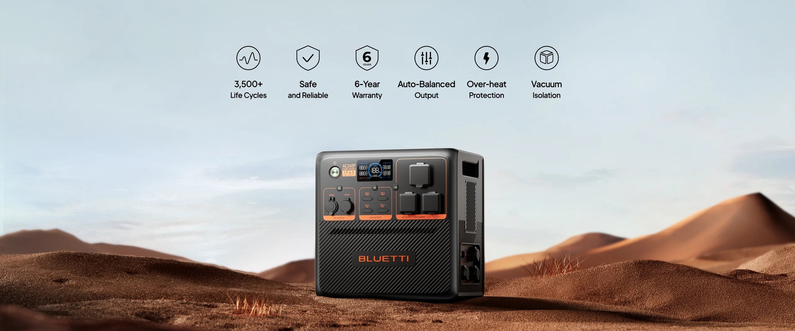 BLUETTI AC240P 2,400W 1,843Wh Portable Power Station The Bluetti AC240P 2,400W 1,843Wh Portable Power Station sits on sand dunes, with icons above showing solar input, 3,500+ life cycles, safety features, a 6-year warranty, auto-balanced output, overheat protection, and vacuum isolation.