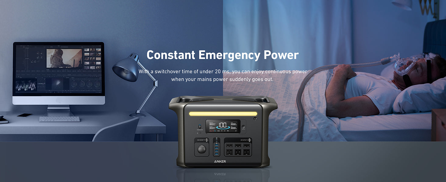 An Anker SOLIX F1500 Solar Generator provides constant emergency power, shown on a desk between a workspace and bedroom where someone uses a medical device. Features 1536Wh storage, 1800W output, and 200W solar panel.