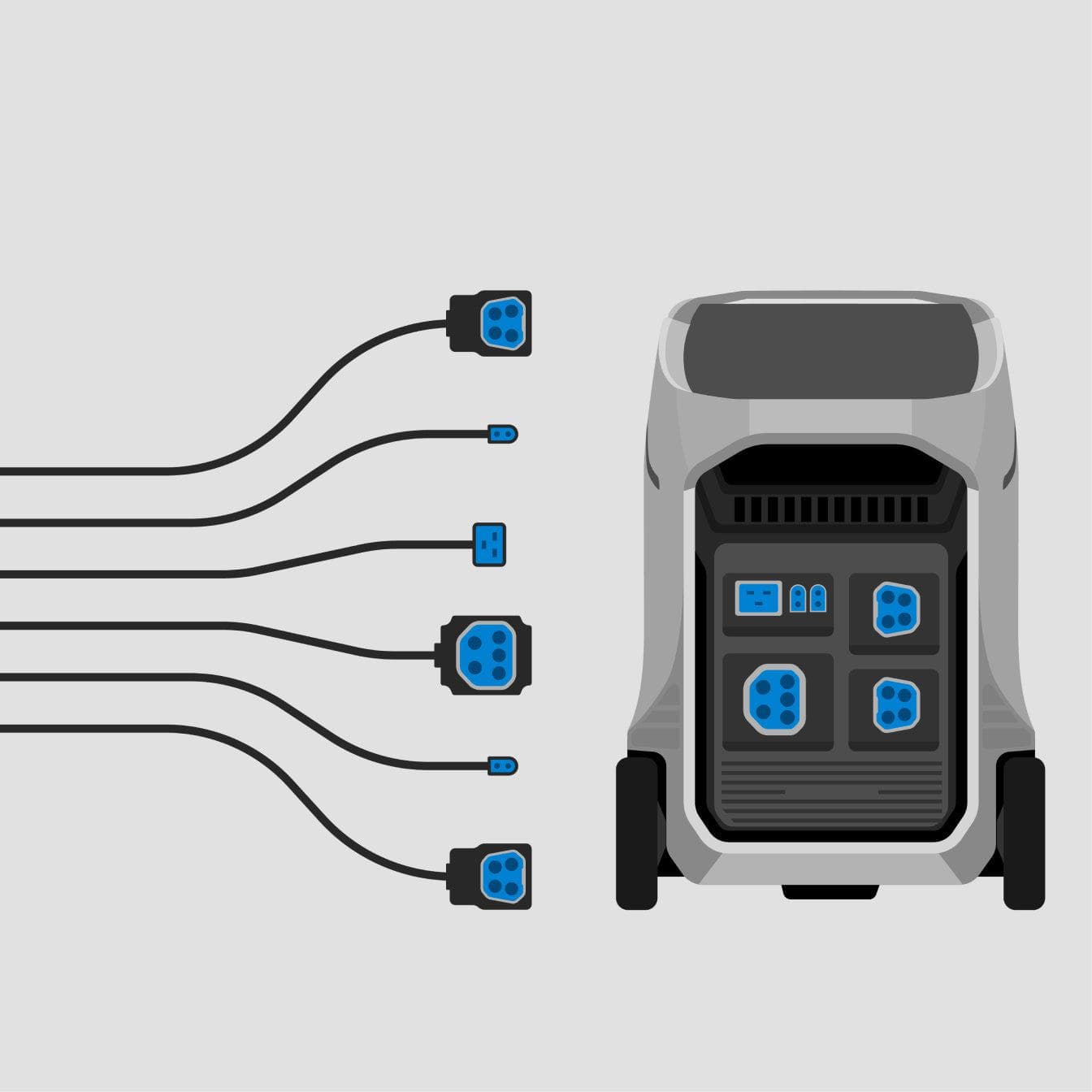 EcoFlow Delta Pro 3 Portable Solar Power Station 4,000W 4,096Wh Illustration of the EcoFlow Delta Pro 3 Portable Solar Power Station 4,000W 4,096Wh by EcoFlow, featuring fast charging and blue plug connectors with charging cables to the left, set against a light gray background.