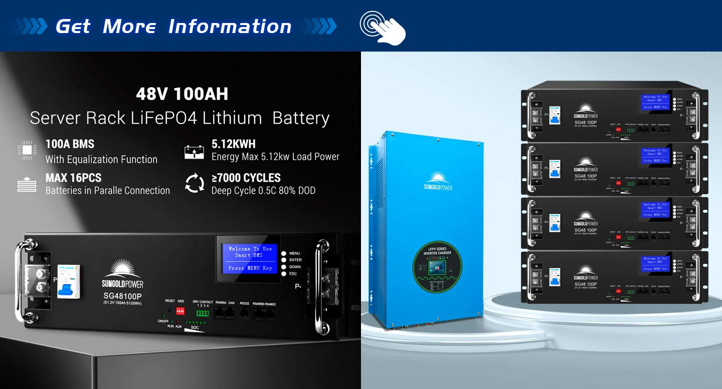 Sungold Power 15,000W 48V Split Phase Pure Sine Wave Inverter Charger Sungold Power server rack batteries and a blue inverter are displayed, featuring specifications such as 48V 100AH, 5.12kWh capacity, a robust 100A BMS, support for up to 16 units, and an impressive lifespan of over 7000 cycles. The inverter shown is the Sungold Power 15,000W 48V Split Phase Pure Sine Wave Inverter Charger by Sungold Power. “Get More Information” is written at the top. Sorry, but no further product or feature details are available beyond these specifications—only CSS code was provided in the original description.