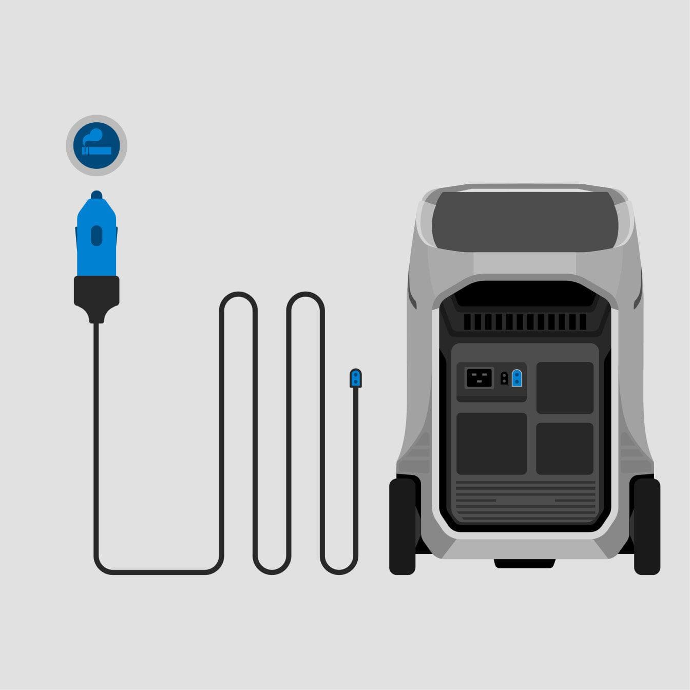 EcoFlow Delta Pro 3 Portable Solar Power Station 4,000W 4,096Wh Illustration of an Ecoflow Delta Pro 3 Portable Solar Power Station 4,000W 4,096Wh connected to a car charger by a long black cable, with a blue car charger plug icon above it, on a light gray background.