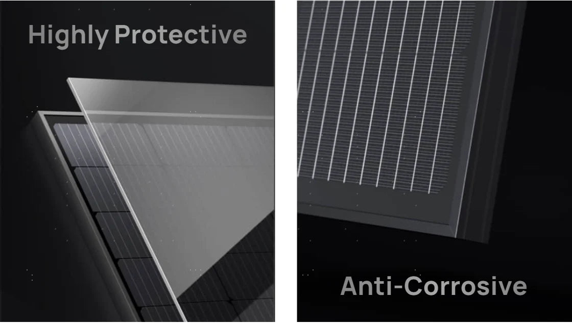 EcoFlow 100W 12V Monocrystalline Rigid Solar Panel Close-up images of the EcoFlow 100W 12V Monocrystalline Rigid Solar Panel: Left shows a protective glass sheet over cells labeled “Highly Protective.” Right highlights the anti-corrosive, weatherproof frame with the text “Anti-Corrosive.”.