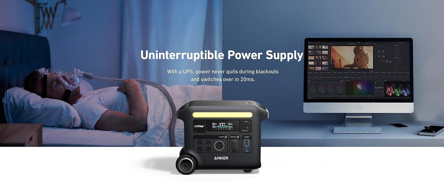 Anker SOLIX F2600 Portable Solar Generator | 2560Wh Battery Storage | 2400W Power Output | 200W Solar Panel An Anker SOLIX F2600 Portable Solar Generator with BP2600 Expansion Battery, offering 5120Wh storage and 2400W output, powers a desk setup by a sleeping ventilator user, showing reliable backup during outages.