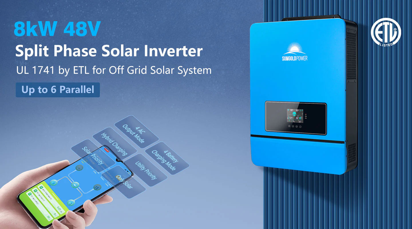 Sungold Power 8,000W 48V Split Phase Solar Inverter A Sungold Power 8,000W 48V Split Phase Solar Inverter is wall-mounted. ETL certified for off-grid use, it supports up to 6 parallel units. A smartphone shows the inverter’s monitoring app and Users Manual from Sungold Power.