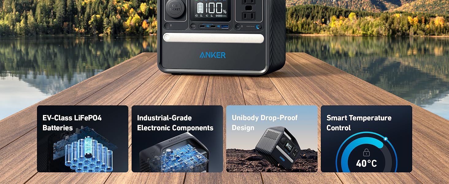 Anker PowerHouse 522 Portable Power Station | 300W power Output | 299Wh Battery Capacity An Anker SOLIX 522 PowerHouse Portable Power Station (300W, 299Wh) is on a wooden surface by a lake, with icons below highlighting LiFePO4 batteries, USB-C ports, industrial-grade components, and smart temperature control up to 40°C.
