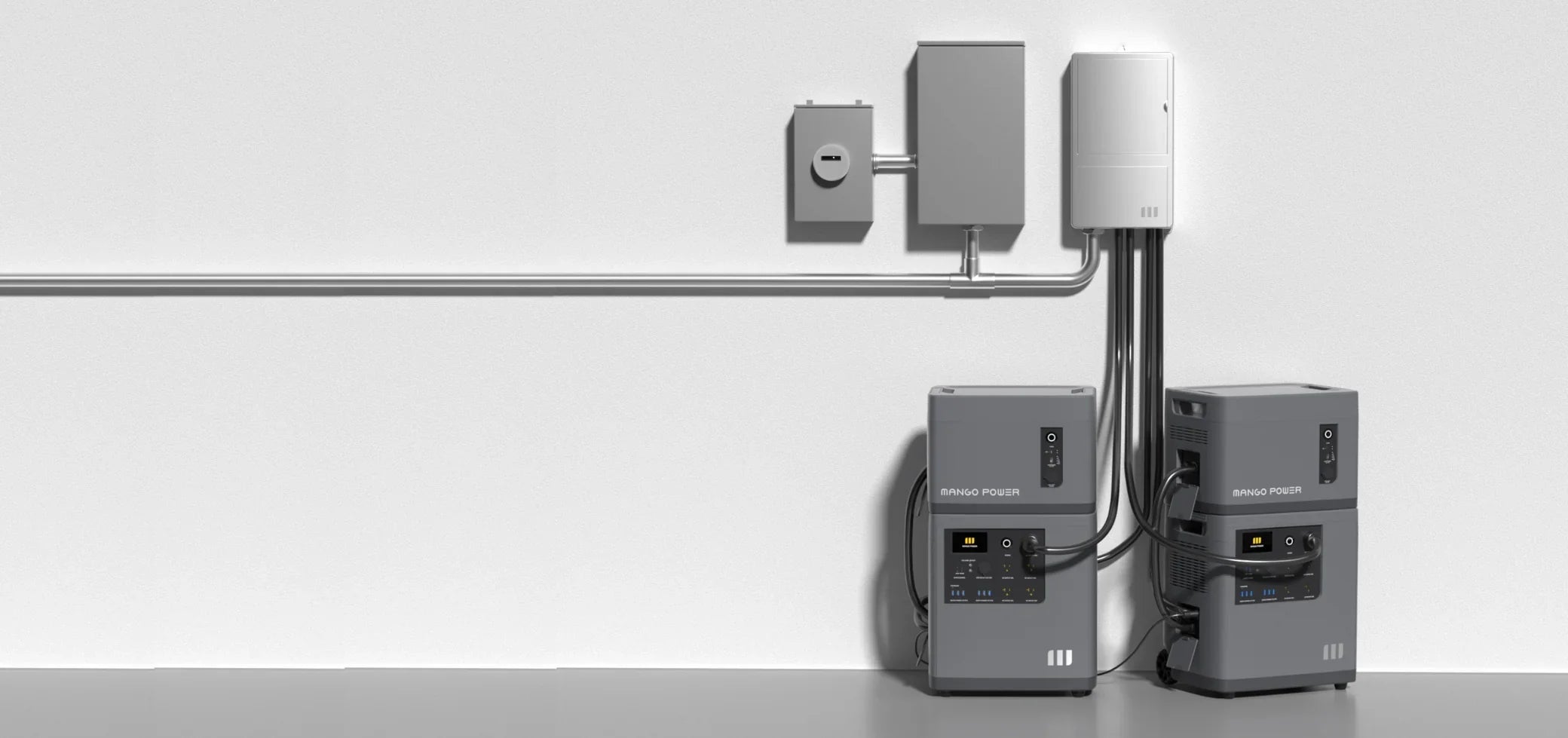 Two gray Mango Power E 3,000W 3.5kWh 120V Portable Power Stations by Mango Power are connected to electrical panels and conduit mounted on a white wall, with wires running between the units and boxes, all placed on a gray floor.