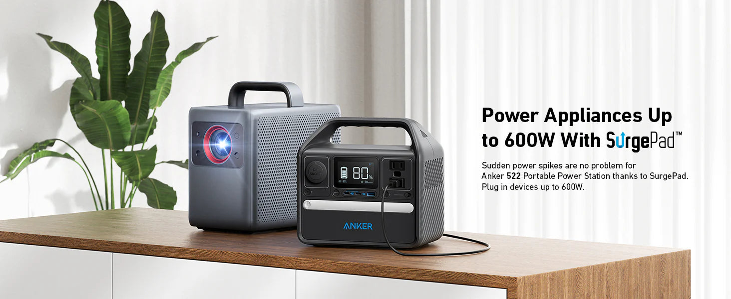 Anker PowerHouse 522 Portable Power Station | 300W power Output | 299Wh Battery Capacity Two portable Anker devices sit on a wooden cabinet—a gray projector and the Anker SOLIX 522 PowerHouse Portable Power Station with USB-C ports, digital display, 300W output, 299Wh capacity, and SurgePad tech for up to 600W appliance support.