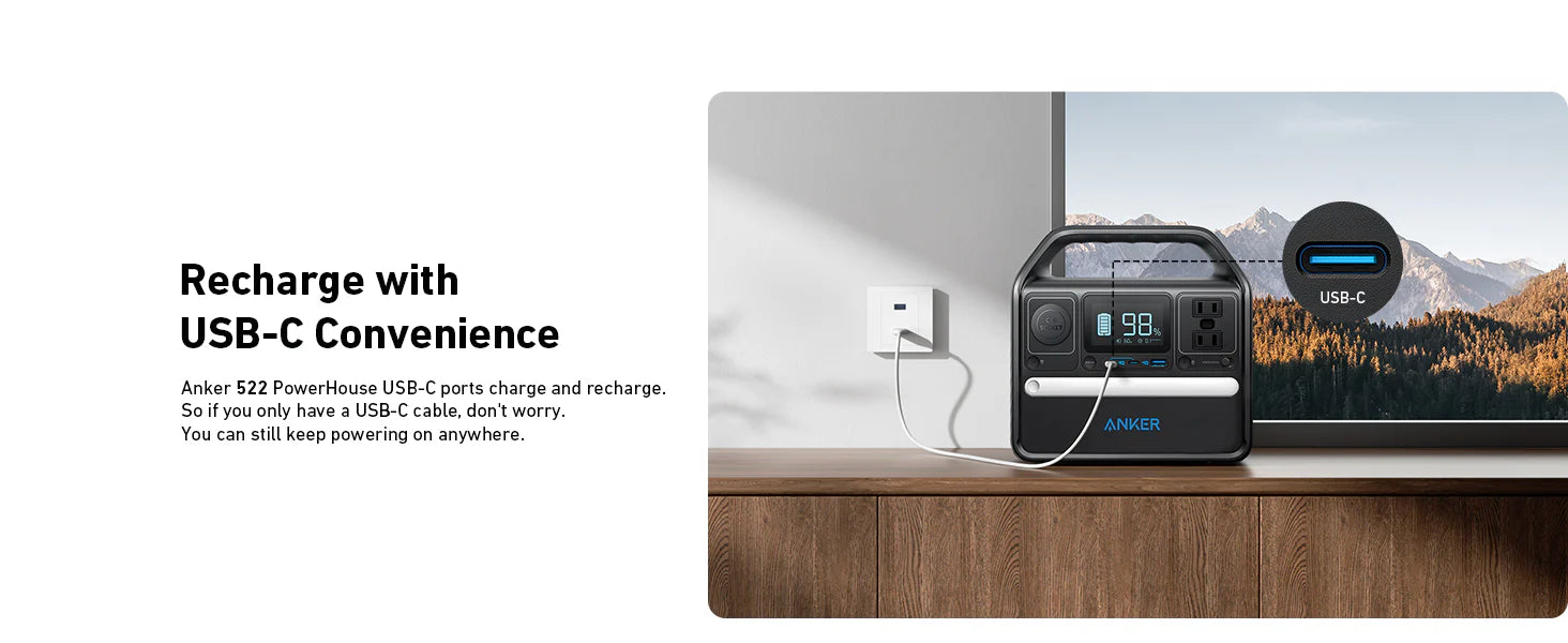 Anker PowerHouse 522 Portable Power Station | 300W power Output | 299Wh Battery Capacity Anker SOLIX 522 PowerHouse Portable Power Station (300W, 299Wh) with durable LiFePO4 battery is charging via its blue USB-C port on a wooden shelf, highlighting the convenience of modern USB-C ports for charging.