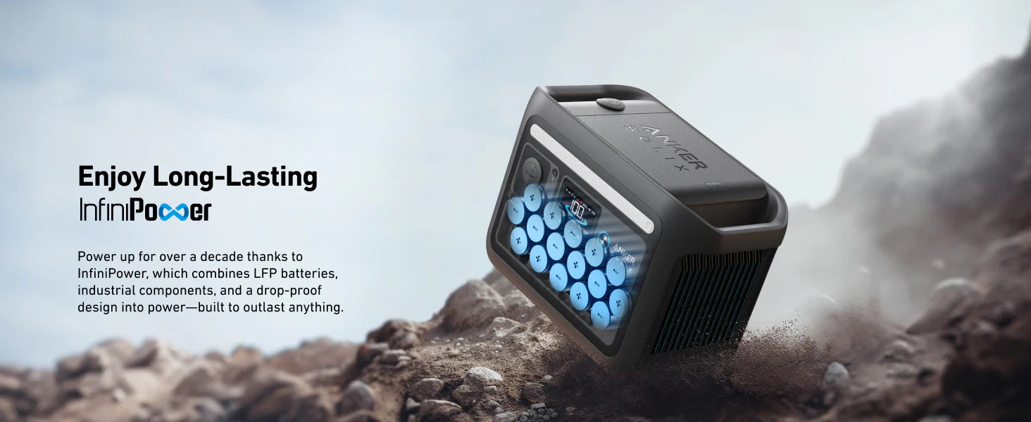 Anker SOLIX C800X Portable Power Station | 1,600W Power Output | 768Wh Battery Capacity The Anker SOLIX C800X Portable Power Station (1,600W, 768Wh) rests on rocky ground. Its display shows glowing blue battery icons, highlighting durable LiFePO4 batteries and InfiniPower tech for lasting power and a drop-proof design.