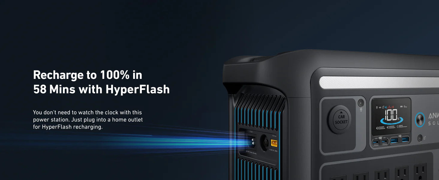 Anker SOLIX C800X Portable Power Station | 1,600W Power Output | 768Wh Battery Capacity The Anker SOLIX C800X Portable Power Station (1,600W, 768Wh) is shown charging. Text: Recharge to 100% in 58 mins with HyperFlash. Powered by long-lasting LiFePO4 batteries—just plug into a home outlet for fast recharging.