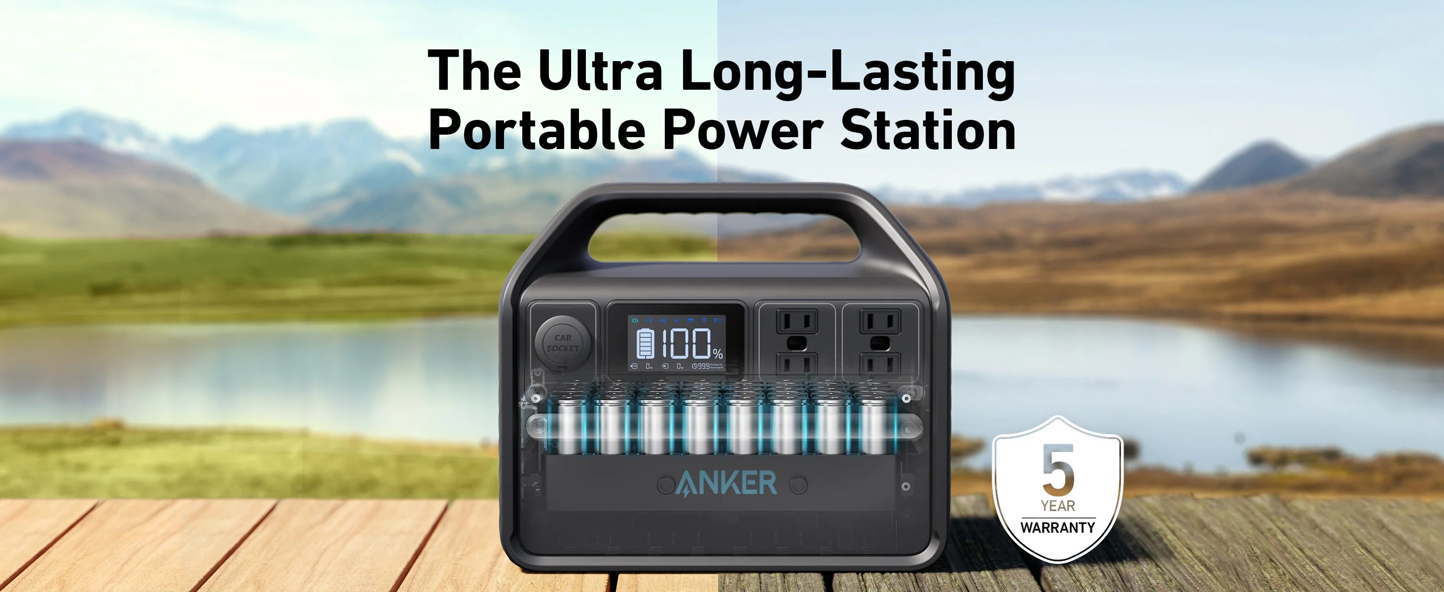 Anker 536 PowerHouse Portable Power Station|500W Power Output|508Wh Battery Capacity Anker SOLIX 536 Portable Power Station (500W, 508Wh) with advanced LiFePO4 batteries sits on a wooden surface outdoors by a lake and mountains. Display shows battery info and a 5-year warranty badge. Text: Ultra Long-Lasting Portable Power Station.