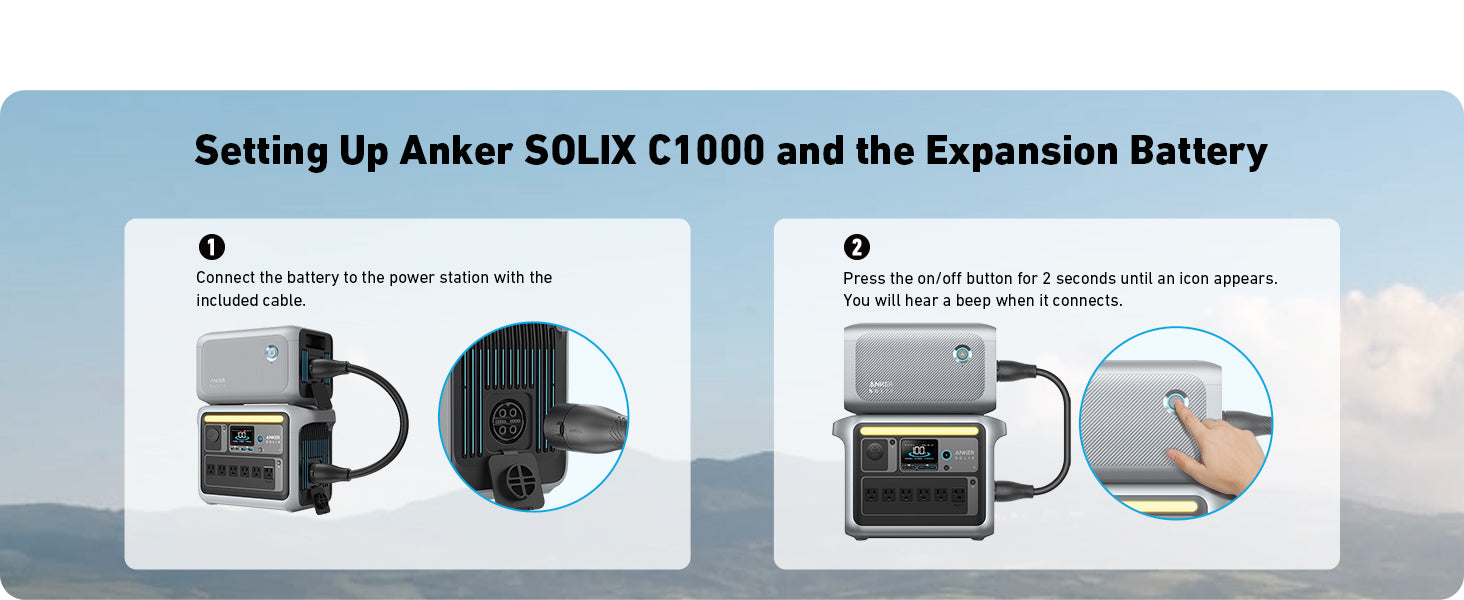 Anker SOLIX C1000X + Expansion Battery | 2,112Wh Battery Capacity | 1,800W Output Instructional graphic for Anker SOLIX C1000X + Expansion Battery (2,112Wh, 1,800W): 1) Connect the battery with the included cable. 2) Press and hold the power button for 2 seconds until the icon appears.