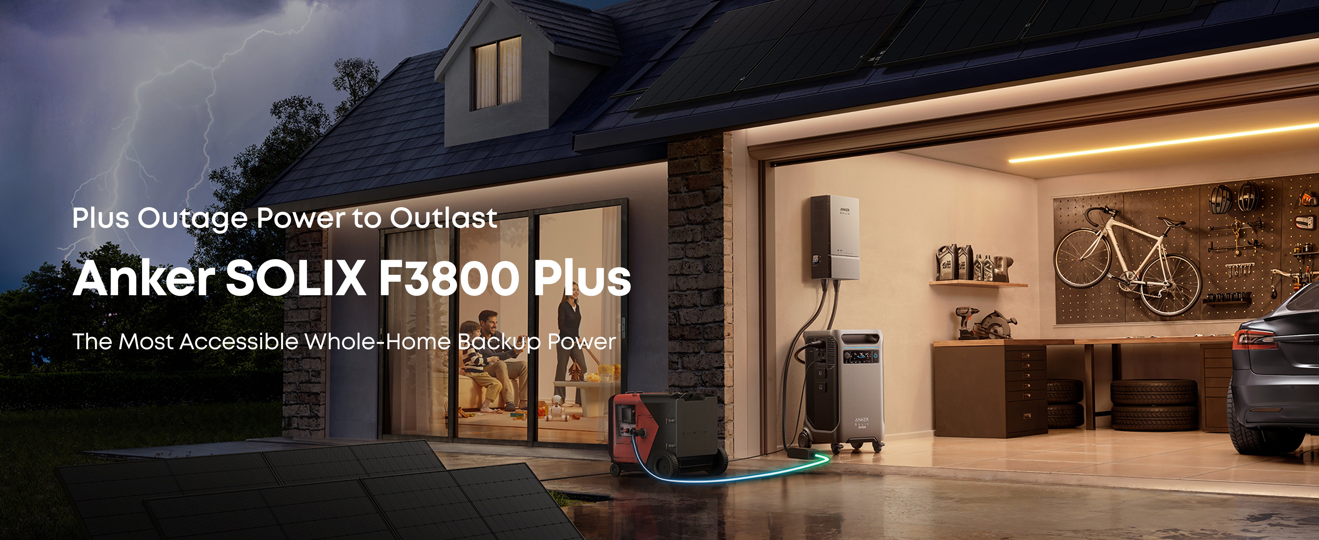 Anker SOLIX F3800 PLUS 12,000W 7.68kWh Portable Power Station with Double Voltage Hub A modern garage with an Anker SOLIX F3800 PLUS 6,000W 3.84kWh Portable Power Station, Home Power Panel, and Sub Panel uses solar energy to power the home during outages. The tidy space includes mounted bikes, tools, and a car.