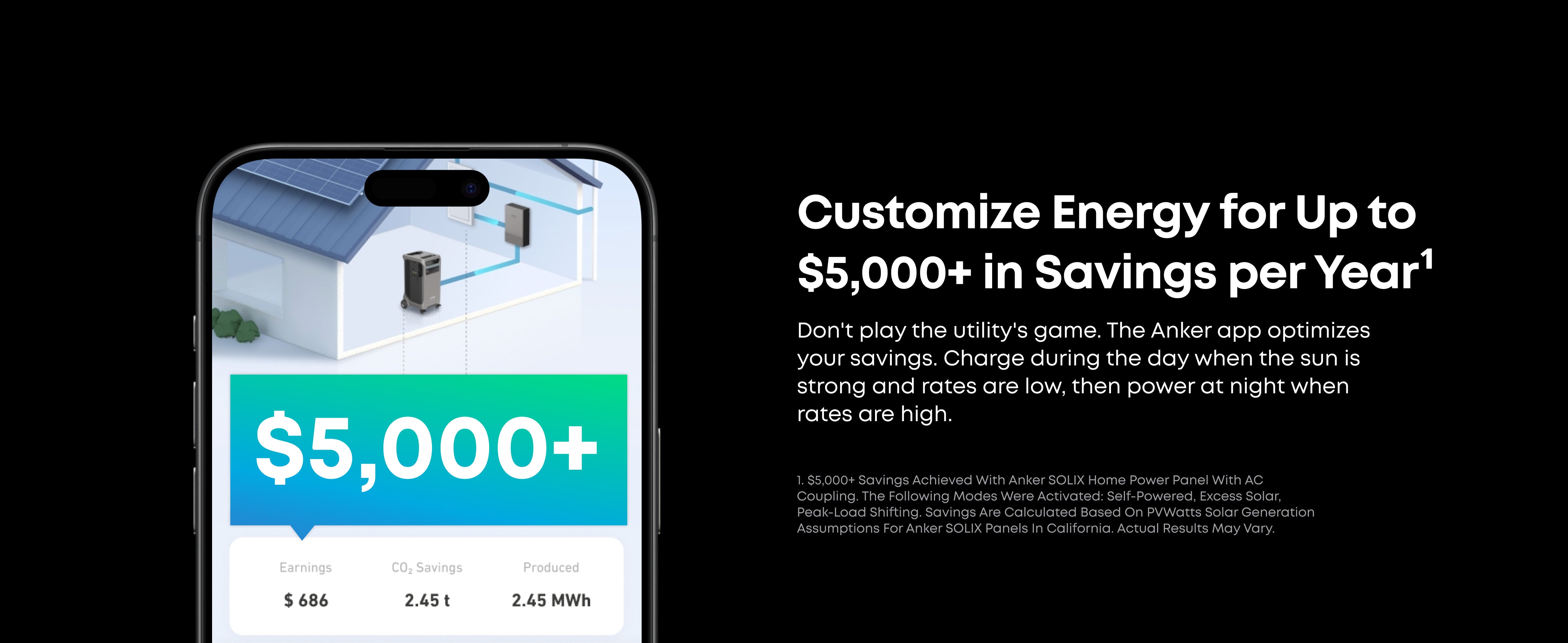 Anker SOLIX F3800 PLUS 12,000W 7.68kWh Portable Power Station with Double Voltage Hub A smartphone displays the Anker app showing over $5,000 in energy savings with a home rooftop solar diagram, highlighting solar input benefits using the Anker SOLIX F3800 PLUS 6,000W 3.84kWh Portable Power Station and Home Power Panel.