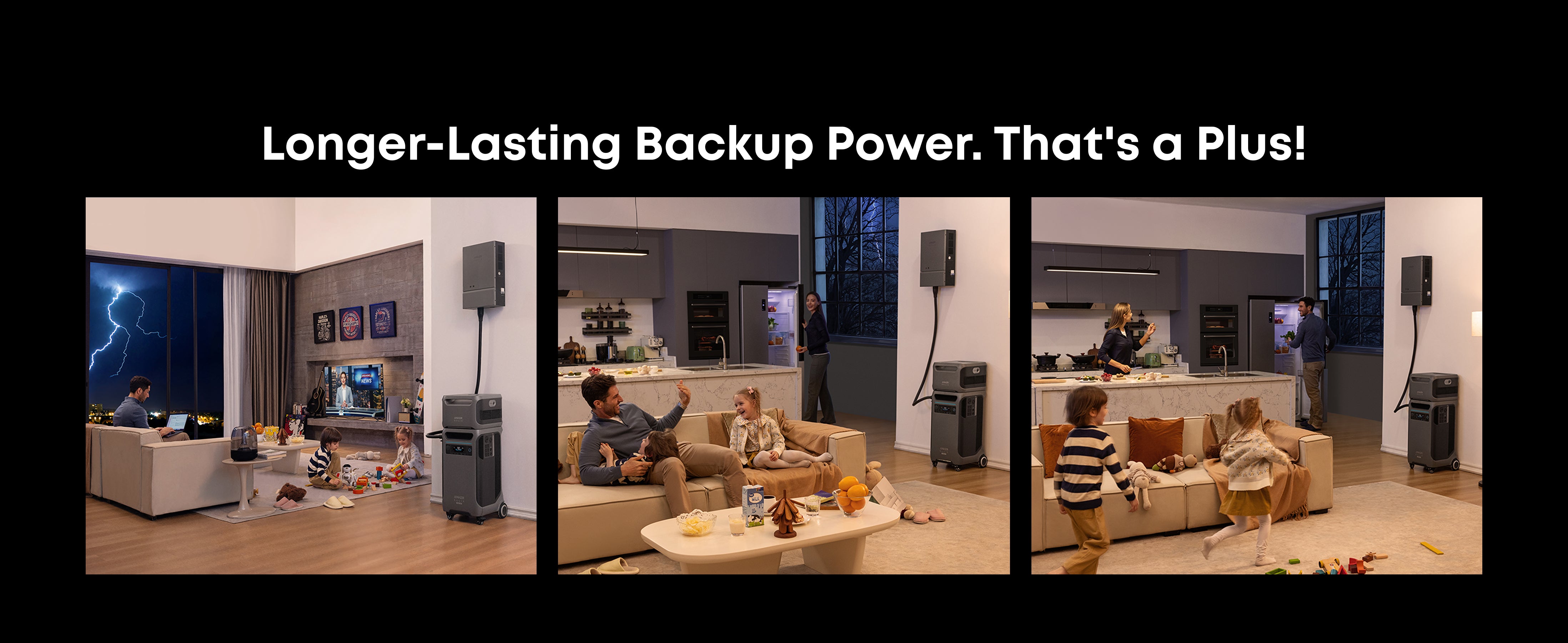 Anker SOLIX F3800 PLUS 12,000W 7.68kWh Portable Power Station with Double Voltage Hub During a power outage, a man works, a family relaxes by the Anker SOLIX F3800 PLUS 6,000W 3.84kWh Portable Power Station with Home Power Panel and Sub Panel, and kids play in a lit home—showcasing Anker’s reliable backup power for any situation.