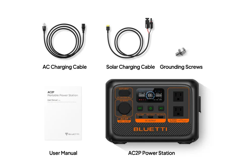 BLUETTI AC2P 300W 230.4Wh Portable Power Station Top-down view of the Bluetti AC2P 300W 230.4Wh Portable Power Station with LiFePO4 battery, AC cable, solar charging cable, grounding screws, and user manual—all shown on a white background.