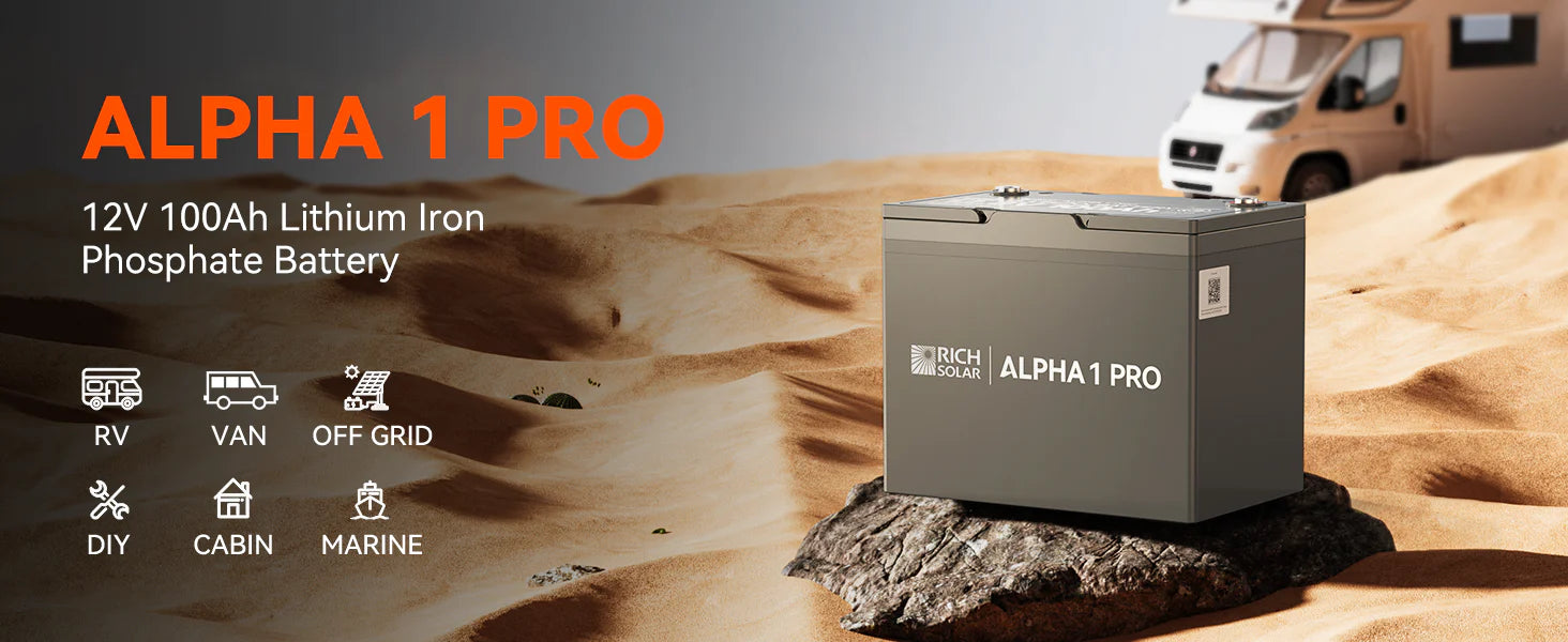A large gray Rich Solar 12V 100Ah Lithium Battery | ALPHA 1 PRO sits on sand in a desert with an RV behind it. Icons and text show it’s ideal for RVs, vans, off-grid, DIY, cabins, and marine use—reliable battery power wherever you go.