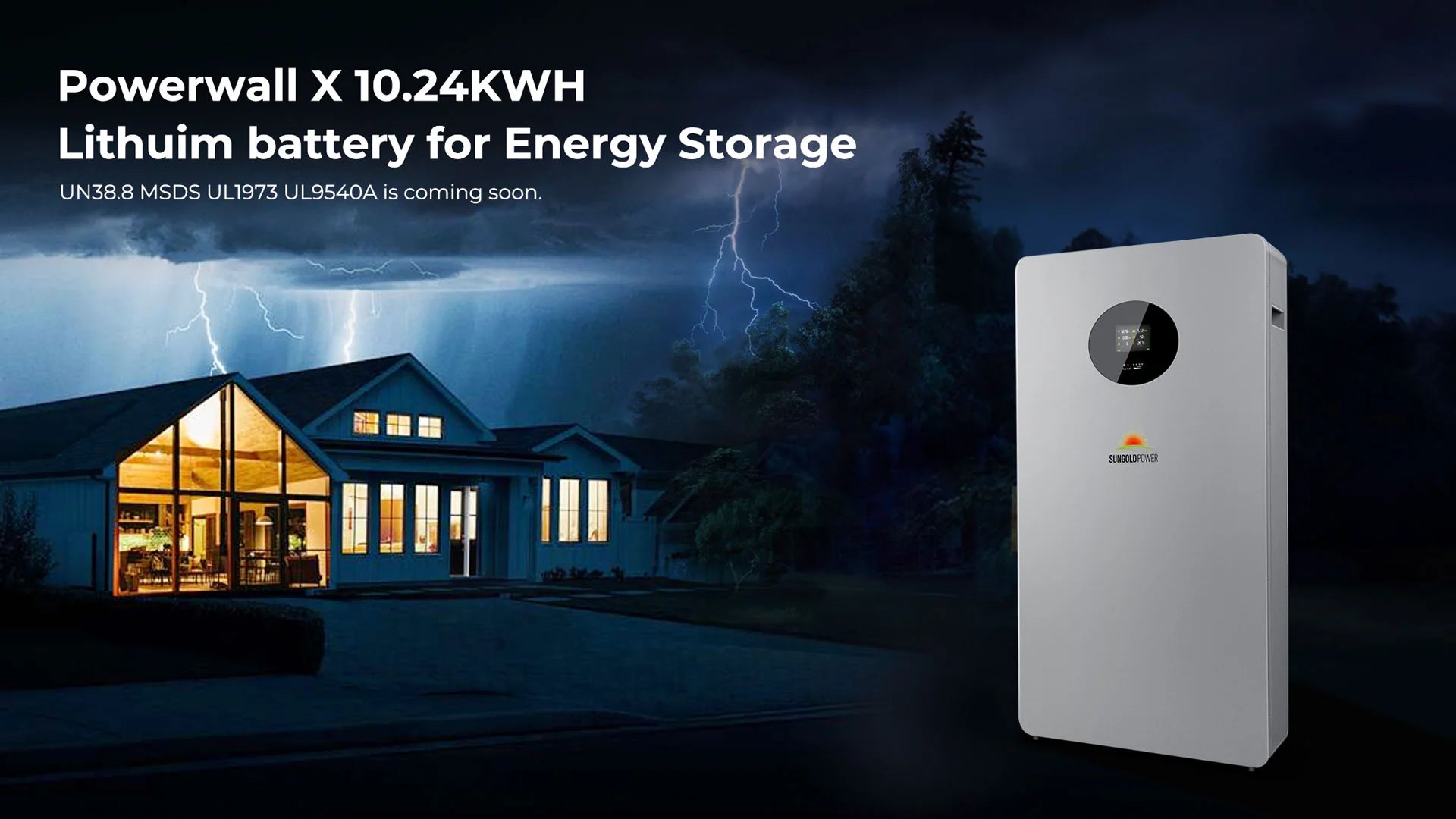 SUNGOLD POWER 10,24kWh Powerwall X Lithium Battery 51.2V 200Ah SG48200T A large house glows at night during a thunderstorm. In front, a tall white Sungold Power 10.24kWh Powerwall X Lithium Battery (SG48200T) showcases advanced home energy storage solutions.