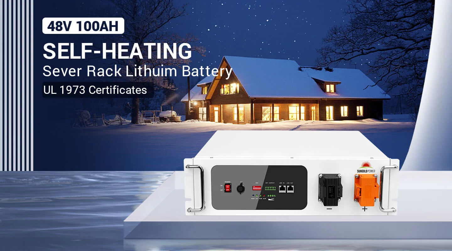 4 x Sungold Power Server Rack 5,120Wh 48V 100Ah Lithium Battery Self-Heating SGH48100T Four Sungold Power SGH48100T server rack batteries in front of a snow-covered house at night, highlighting the self-heating feature and UL 1973 certification