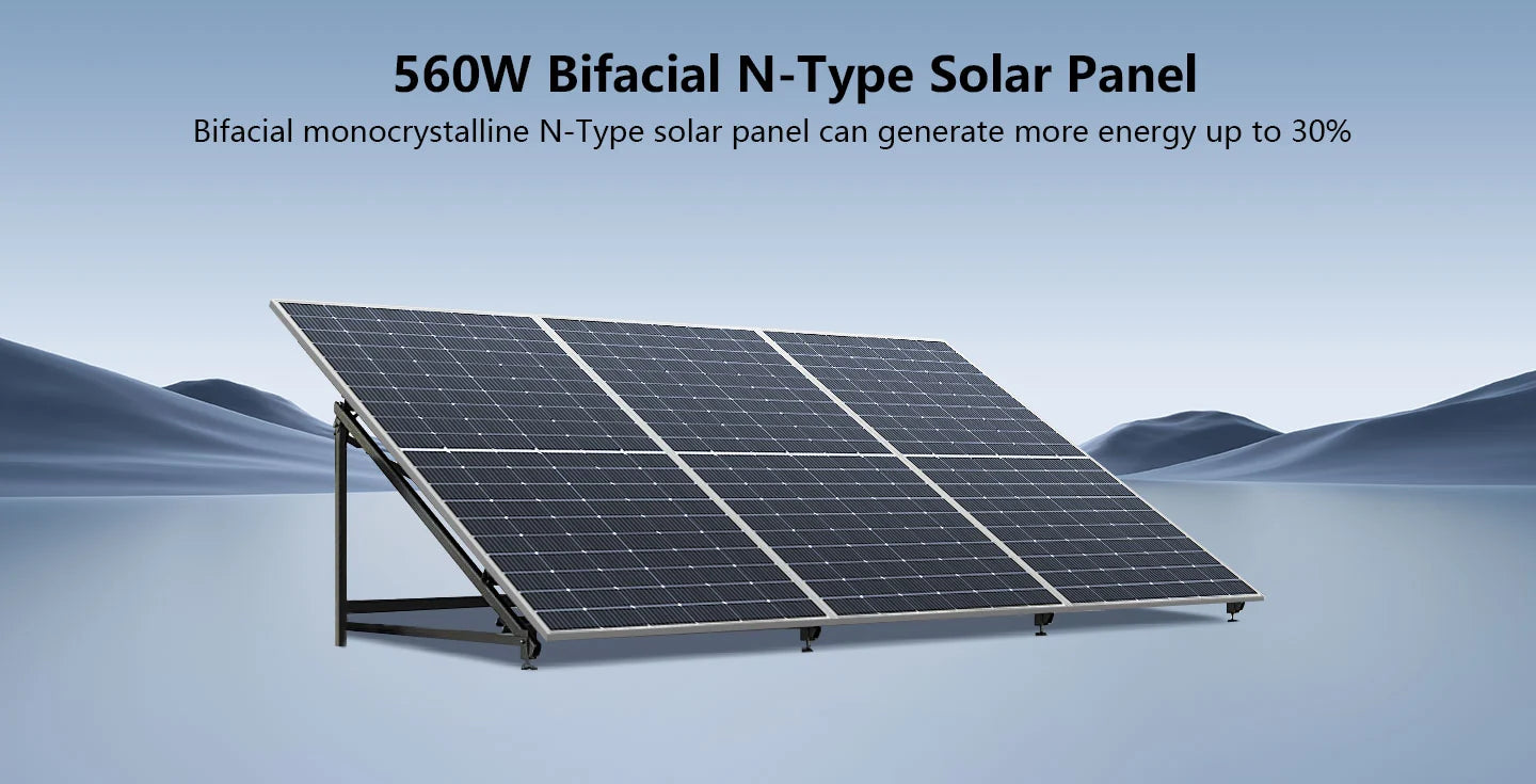 Sungold Power 560W 48V Bifacial N-Type Solar Panels Kit A Sungold Power 560W 48V Bifacial N-Type Solar Panels Kit, showcasing Sungold Power’s cutting-edge design, is installed on a metal frame outdoors with blue skies and hills visible in the background. Above the image, text highlights its impressive 560W output and superior energy generation—key features that boost its SEO relevance.