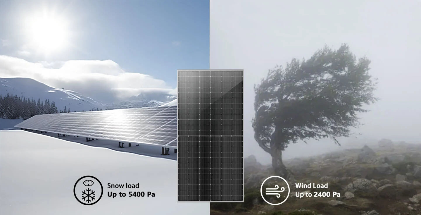 Sungold Power 560W 48V Bifacial N-Type Solar Panels Kit Split image: Left side features Sungold Power 560W 48V Bifacial N-Type Solar Panels Kit operating in a snowy landscape, with an icon indicating “Snow load up to 5400 Pa.” Right side displays a tree bent by strong wind, with an icon showing “Wind load up to 2400 Pa.” The Sungold Power solar panel is centered—highlighting its exceptional durability and reliability in extreme weather conditions.
