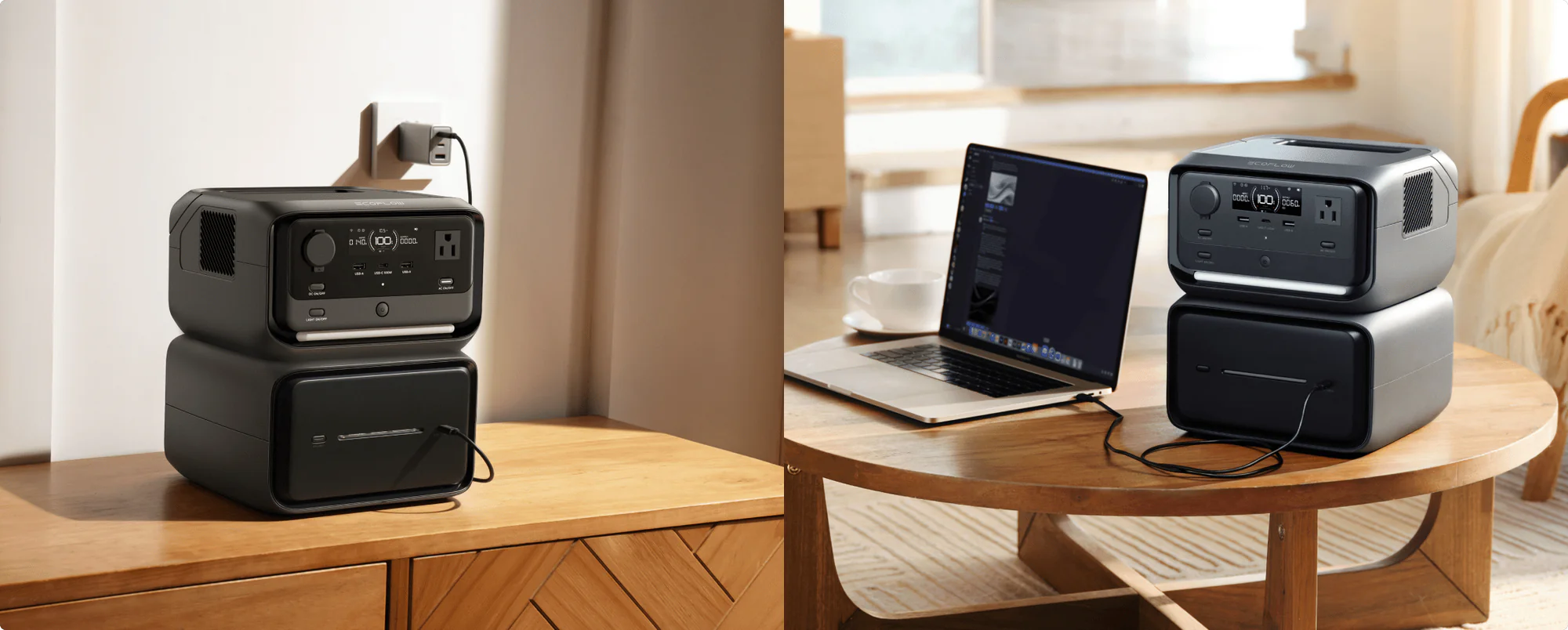 Ecoflow RIVER 3 Max 600W 572Wh Portable Solar Power Station | River 3 Plus + RIVER 3 Plus Smart Extra Battery (286Wh) The Ecoflow RIVER 3 Max 600W 572Wh Portable Solar Power Station with RIVER 3 Plus Smart Extra Battery is shown charging indoors from a wall outlet and powering a laptop via cable in a bright, modern room.