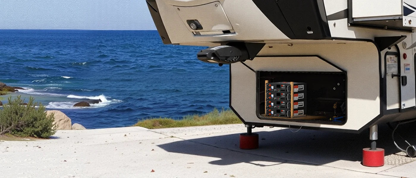 Rich Solar 5.12kWh 48V (51.2V) 100Ah Server Rack Lithium Battery | ALPHA 5 PRO | UL1973, UL9540A | 10-Year Warranty A close-up of an RV parked by the ocean, with its storage compartment open, showcases the Rich Solar 5.12kWh 48V (51.2V) 100Ah Server Rack Lithium Battery | ALPHA 5 PRO neatly installed inside. The smooth curves of the compartment door, reminiscent of a gentle border-radius, highlight thoughtful design touches, while the sleek form of Rich Solar’s battery and its refined control panels evoke the polished detail of a premium font family or box shadow effect—combining advanced technology and elegant aesthetics in this tranquil coastal setting.