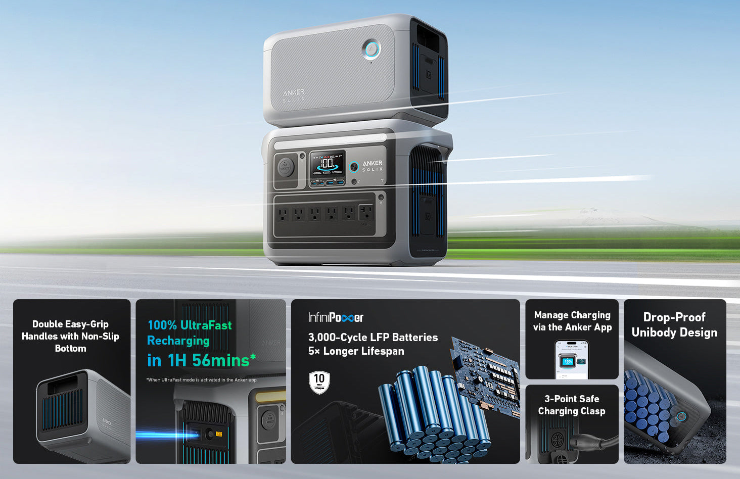 Anker SOLIX BP1000X Expansion Battery | 1,056Wh LFP (For Anker SOLIX C1000) The Anker SOLIX BP1000X Expansion Battery (1,056Wh LFP) for SOLIX C1000 is shown on a road, featuring ultrafast recharging, double handles, drop-proof build, 10-year lifespan batteries, safe charging, and app management.
