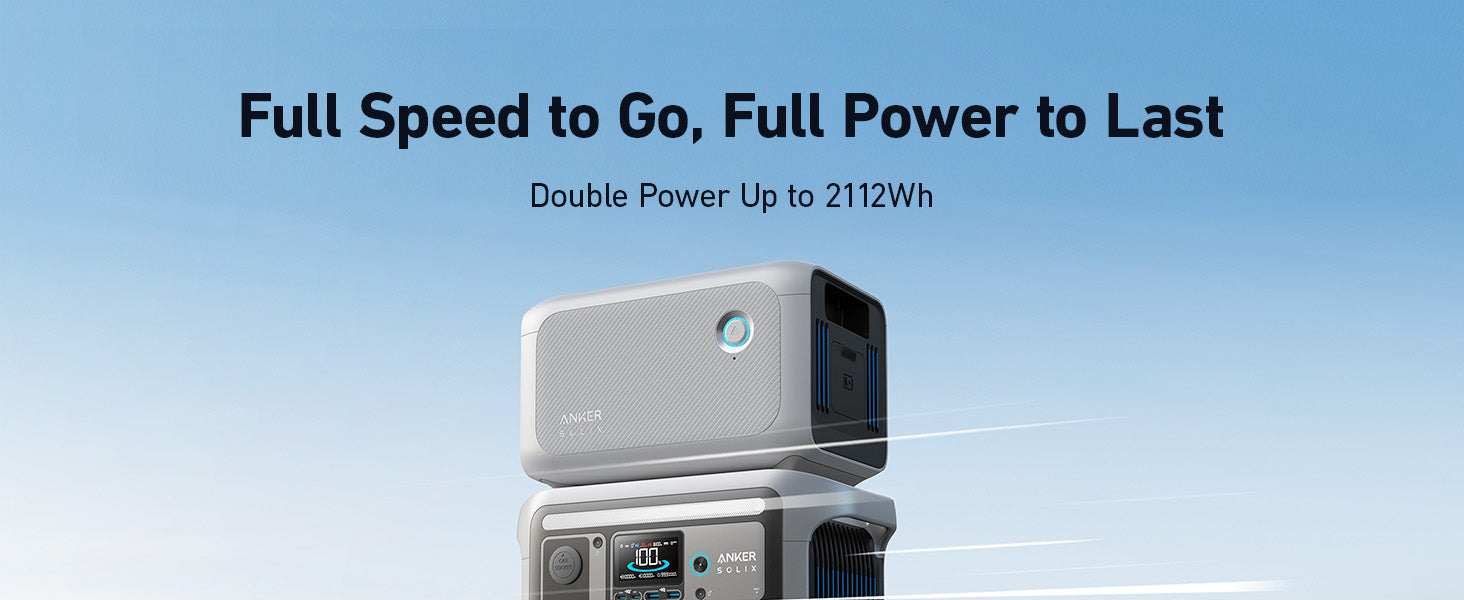 Anker SOLIX C1000X + Expansion Battery | 2,112Wh Battery Capacity | 1,800W Output A promotional image of two stacked Anker SOLIX C1000X + Expansion Battery units (2,112Wh, 1,800W output) on a blue gradient background with the text: Full Speed to Go, Full Power to Last. Solar charging and remote app control included.
