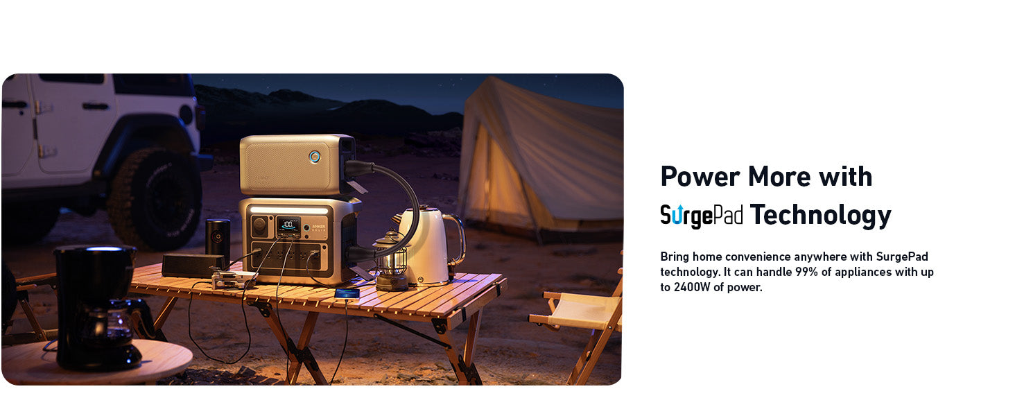 Anker SOLIX C1000X + Expansion Battery | 2,112Wh Battery Capacity | 1,800W Output The Anker SOLIX C1000X + Expansion Battery (2,112Wh, 1,800W) powers devices outdoors at night on a wooden table. A tent, Jeep, and mountains frame the scene. Text: Power More with SurgePad Technology by Anker.