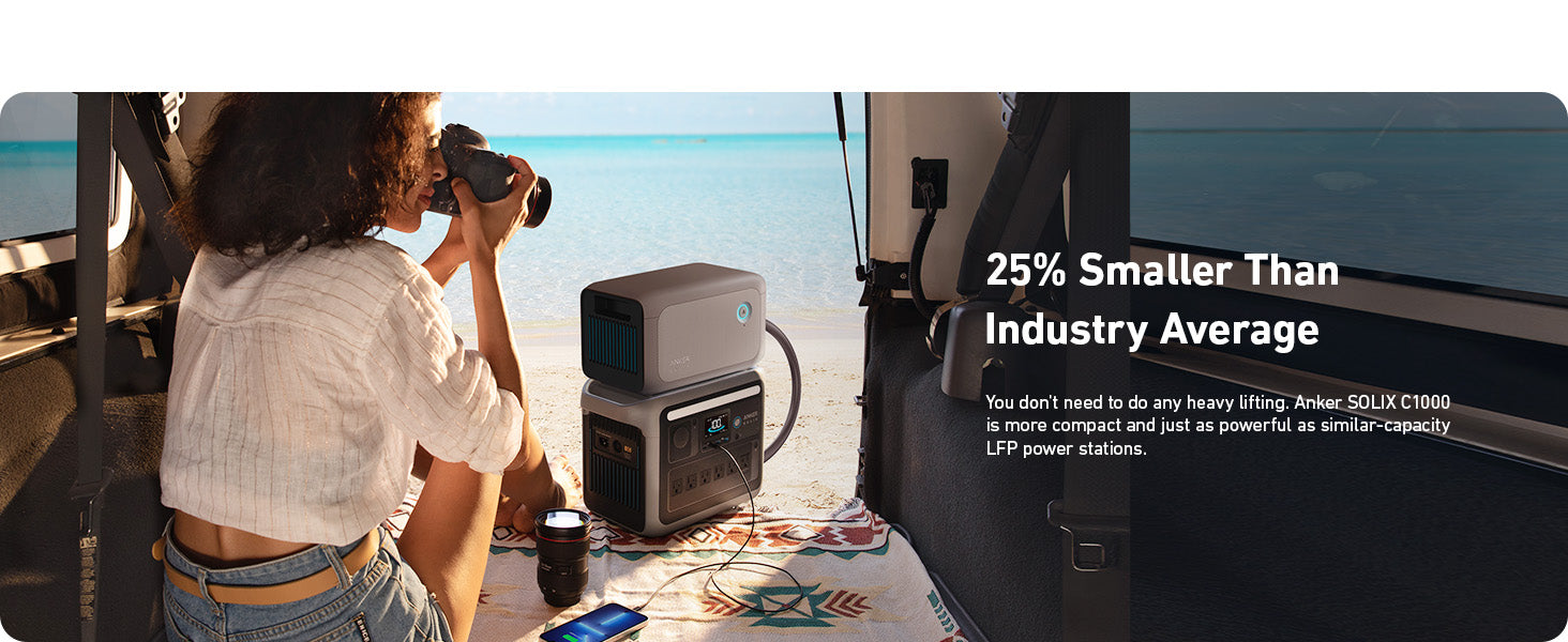 Anker SOLIX C1000X + Expansion Battery | 2,112Wh Battery Capacity | 1,800W Output A woman relaxes in a van by the beach, using the Anker SOLIX C1000X + Expansion Battery (2,112Wh, 1,800W) with remote app control. Text: 25% Smaller Than Industry Average. Brand: Anker.