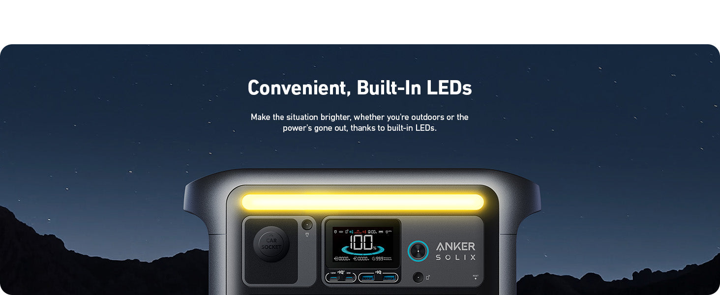 Anker SOLIX C1000X + Expansion Battery | 2,112Wh Battery Capacity | 1,800W Output The Anker SOLIX C1000X + Expansion Battery (2,112Wh, 1,800W) sits under a night sky. Its bright built-in LED glows yellow. Text: Convenient Built-In LEDs with optional Remote App Control for easy access.