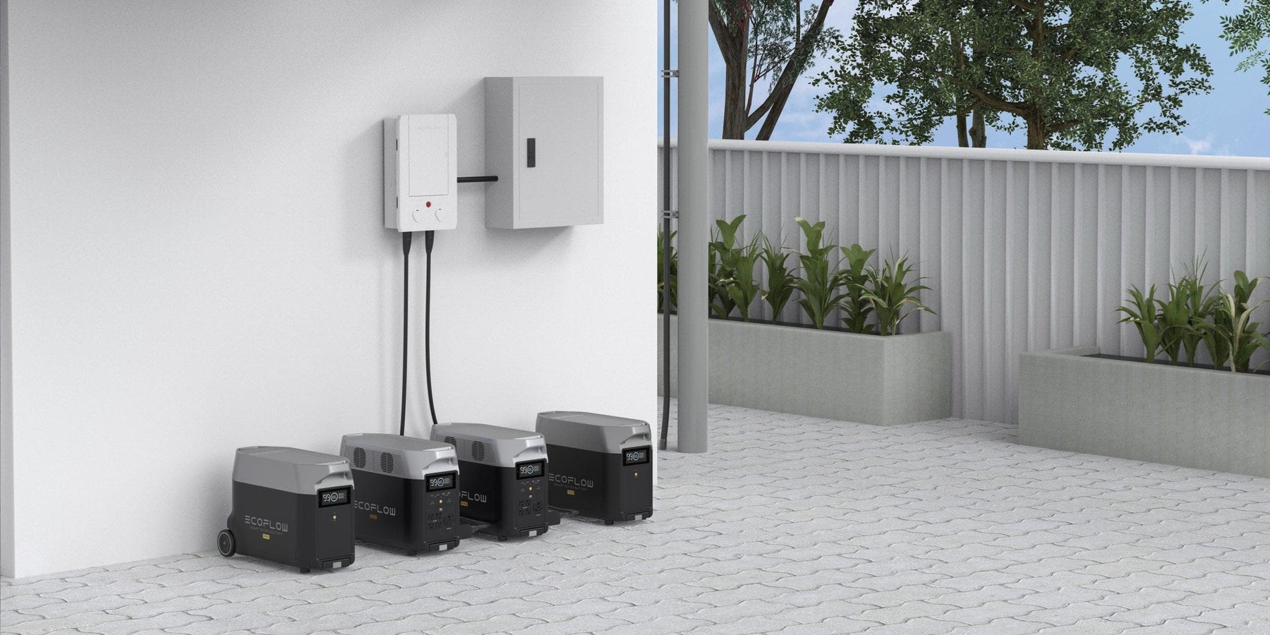 EcoFlow DELTA Pro 3600W 3.6kWh Portable Power Station + 400 Watts of Portable Solar Panels Four Ecoflow Delta Pro 7,200W portable power stations with 7,200Wh battery backup and 6x200W solar panels are lined up on a tiled patio, connected to an electrical box and inverter. Potted plants and trees sit by a white railing in the background.