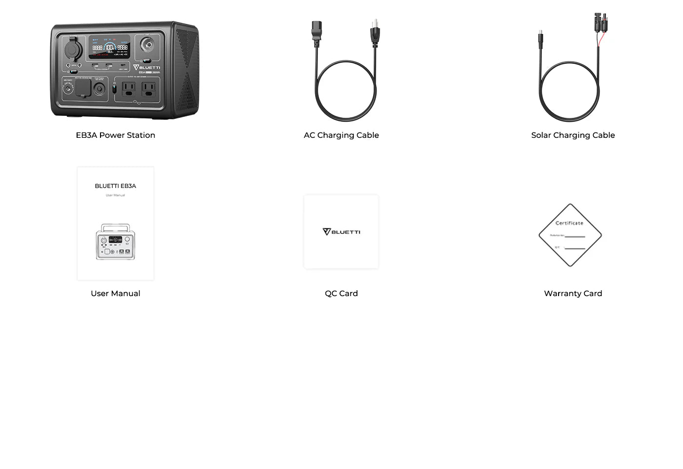 BLUETTI EB3A 600W 268Wh Portable Power Station A grid displays the contents of a Bluetti EB3A 600W 268Wh Portable Power Station package: the LiFePO4 power station, AC charging cable, solar charging cable, user manual, QC card, and warranty card—each clearly labeled.