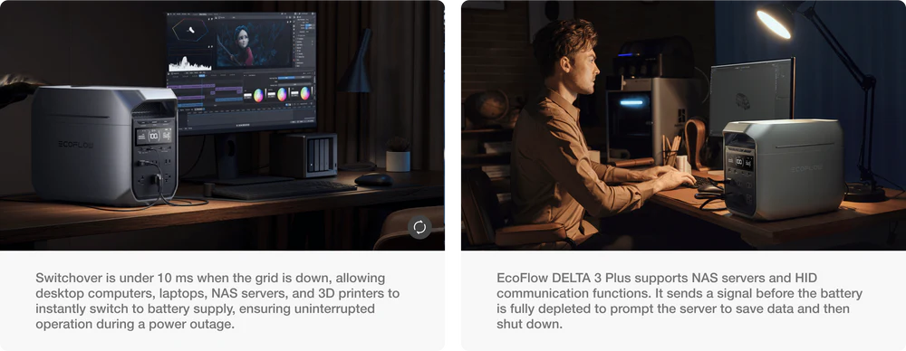 Two images show the EcoFlow DELTA 3 Plus backup battery powering computers and NAS servers in a home office setting, illustrating seamless power switching and automatic server shutdown during outages.