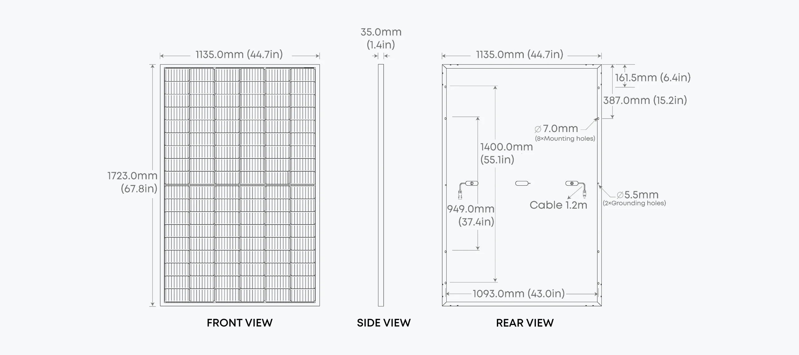Technical diagram of the Anker SOLIX RS40D Rigid Solar Panel by Anker, showing front, side, and rear views with measurements in mm and inches for width, height, mounting hole diameter, and cable position for off-grid energy setups.